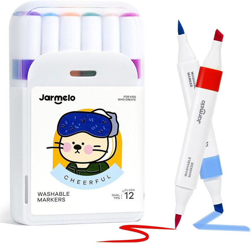 JARMELO Washable Dual Tip Markers for Kids Ages 4-8, Brush & Chisel Tip, Water-Based Coloring Markers, Double-Tipped 12 Colors Marker Set with Storage Case, School Art Supplies for Boys & Girls - Image 1